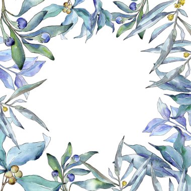 Mavi iğde suluboya tarzında bırakır. Çerçeve kenarlığı süsleme Meydanı. Aquarelle yaprak için arka plan, doku, sarıcı desen, çerçeve veya kenarlık.