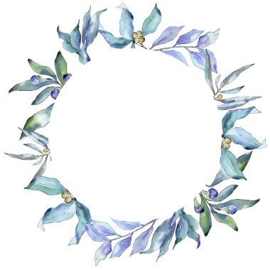 Mavi iğde suluboya tarzında bırakır. Çerçeve kenarlığı süsleme Meydanı. Aquarelle yaprak için arka plan, doku, sarıcı desen, çerçeve veya kenarlık.