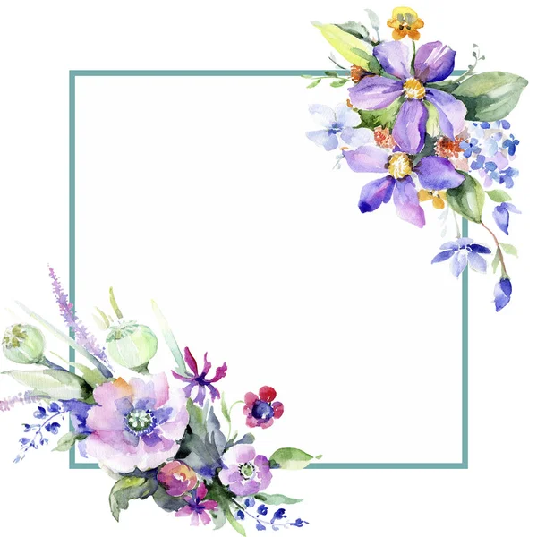 五颜六色的花束 花卉植物花 框边框装饰广场 包装图案 框架或边框的水彩画野花 — 图库照片