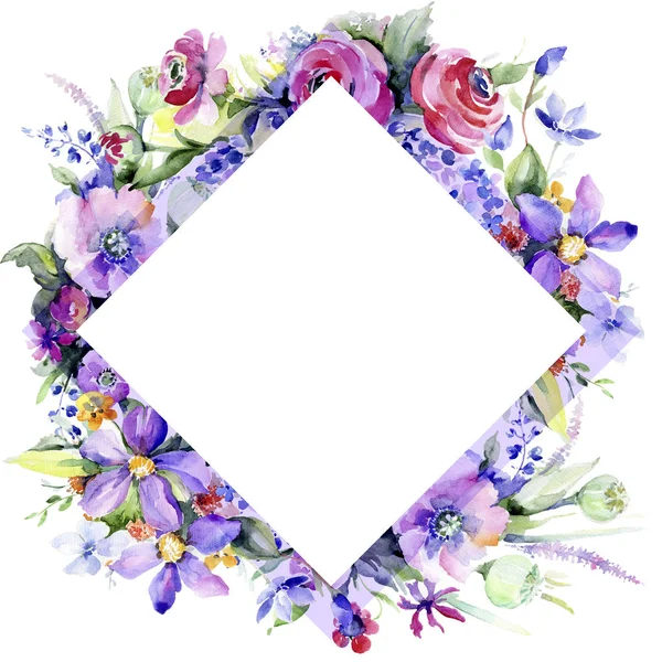 Buquê Colorido Floral Flor Botânica Quadro Borda Ornamento Quadrado Aquarelle — Fotografia de Stock