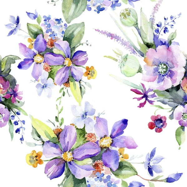 Renkli buket. Sorunsuz arka plan deseni. Kumaş duvar kağıdı yazdırma doku. Arka plan, doku, sarıcı desen, çerçeve veya kenarlık için Aquarelle kır çiçeği.
