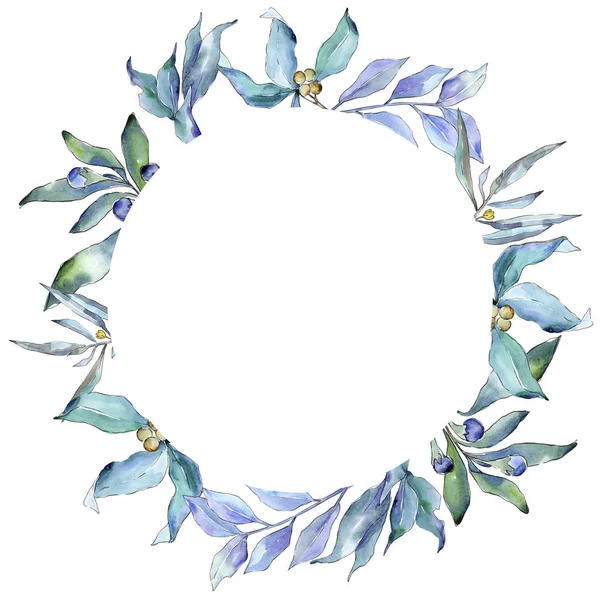 Blue Elaeagnus Leaves Watercolor Style Frame Border Ornament Square Aquarelle — Stock Photo, Image