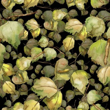 Huş ağacı bir suluboya tarzında bırakır. Sorunsuz arka plan deseni. Kumaş duvar kağıdı yazdırma doku. Aquarelle yaprak için arka plan, doku, sarıcı desen, çerçeve veya kenarlık.