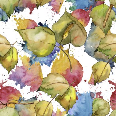 Huş ağacı bir suluboya tarzında bırakır. Sorunsuz arka plan deseni. Kumaş duvar kağıdı yazdırma doku. Aquarelle yaprak için arka plan, doku, sarıcı desen, çerçeve veya kenarlık.