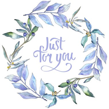 Mavi iğde suluboya tarzında bırakır. Çerçeve kenarlığı süsleme Meydanı. Aquarelle yaprak için arka plan, doku, sarıcı desen, çerçeve veya kenarlık.