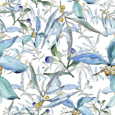 Mavi iğde suluboya tarzında bırakır. Sorunsuz arka plan deseni. Kumaş duvar kağıdı yazdırma doku. Aquarelle yaprak için arka plan, doku, sarıcı desen, çerçeve veya kenarlık.