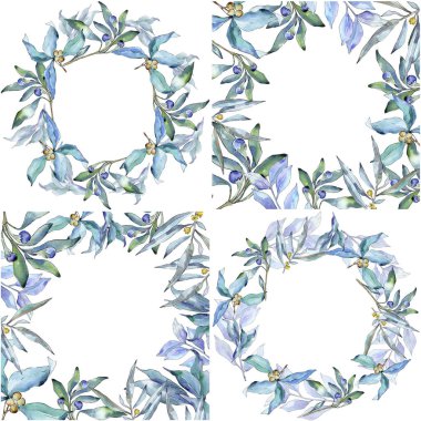 Mavi iğde suluboya tarzında bırakır. Çerçeve kenarlığı süsleme Meydanı. Aquarelle yaprak için arka plan, doku, sarıcı desen, çerçeve veya kenarlık.