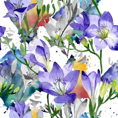 Mor frezya. Sorunsuz arka plan deseni. Kumaş duvar kağıdı yazdırma doku. Arka plan, doku, sarıcı desen, çerçeve veya kenarlık için Aquarelle kır çiçeği.