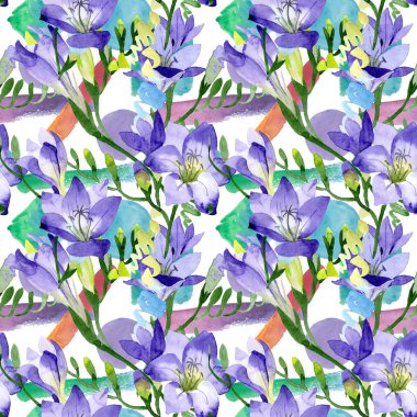 Mor frezya. Sorunsuz arka plan deseni. Kumaş duvar kağıdı yazdırma doku. Arka plan, doku, sarıcı desen, çerçeve veya kenarlık için Aquarelle kır çiçeği.