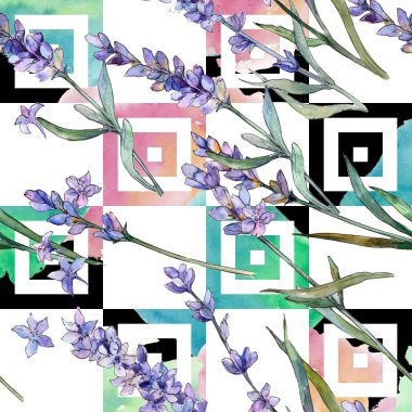 Mor lavanta. Sorunsuz arka plan deseni. Kumaş duvar kağıdı yazdırma doku. Arka plan, doku, sarıcı desen, çerçeve veya kenarlık için Aquarelle kır çiçeği.