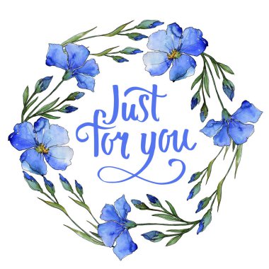 Mavi keten. Botanik çiçek. Çerçeve kenarlığı süsleme Meydanı. Arka plan, doku, sarıcı desen, çerçeve veya kenarlık için Aquarelle kır çiçeği.