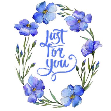 Mavi keten. Botanik çiçek. Çerçeve kenarlığı süsleme Meydanı. Arka plan, doku, sarıcı desen, çerçeve veya kenarlık için Aquarelle kır çiçeği.