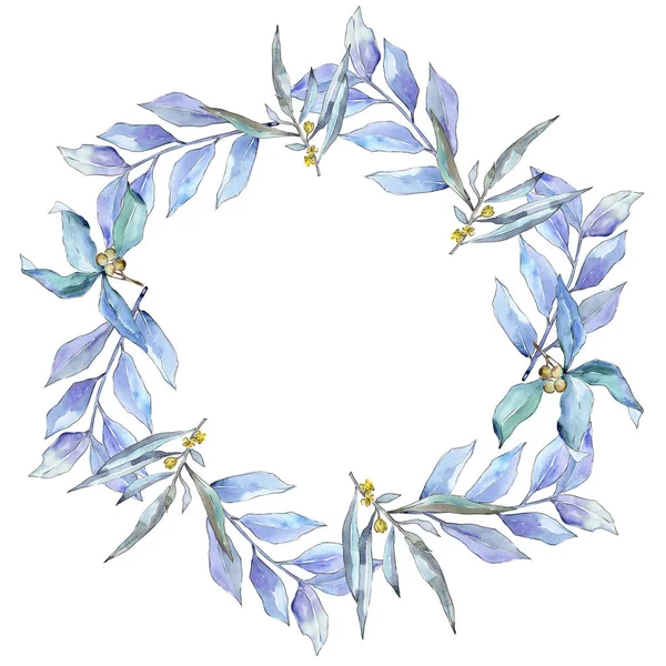 Blue Elaeagnus Leaves Watercolor Style Frame Border Ornament Square Aquarelle — Stock Photo, Image