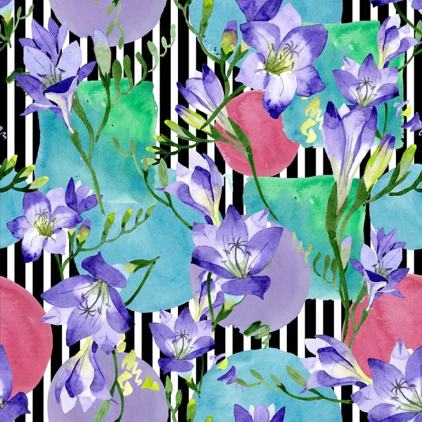 Purple Freesia Seamless Background Pattern Fabric Wallpaper Print Texture Aquarelle — Stock Photo, Image