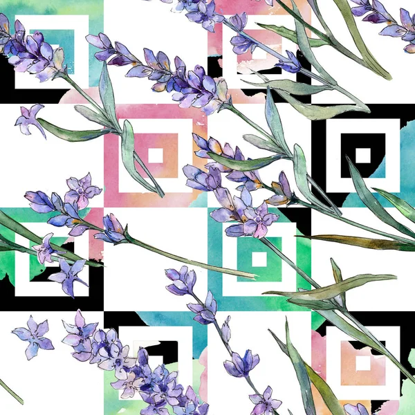 Mor lavanta. Sorunsuz arka plan deseni. Kumaş duvar kağıdı yazdırma doku. Arka plan, doku, sarıcı desen, çerçeve veya kenarlık için Aquarelle kır çiçeği.