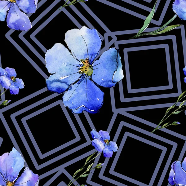 蓝色亚麻 花卉植物花 无缝的背景图案 织物墙纸打印纹理 包装图案 框架或边框的水彩画野花 — 图库照片