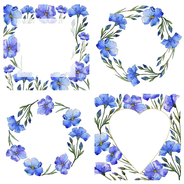 Linho Azul Floral Flor Botânica Quadro Borda Ornamento Quadrado Aquarelle — Fotografia de Stock