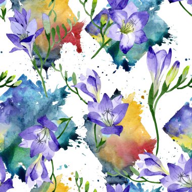 Mor frezya. Sorunsuz arka plan deseni. Kumaş duvar kağıdı yazdırma doku. Arka plan, doku, sarıcı desen, çerçeve veya kenarlık için Aquarelle kır çiçeği.