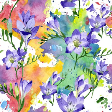 Mor frezya. Sorunsuz arka plan deseni. Kumaş duvar kağıdı yazdırma doku. Arka plan, doku, sarıcı desen, çerçeve veya kenarlık için Aquarelle kır çiçeği.