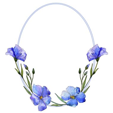 Mavi keten. Botanik çiçek. Çerçeve kenarlığı süsleme Meydanı. Arka plan, doku, sarıcı desen, çerçeve veya kenarlık için Aquarelle kır çiçeği.