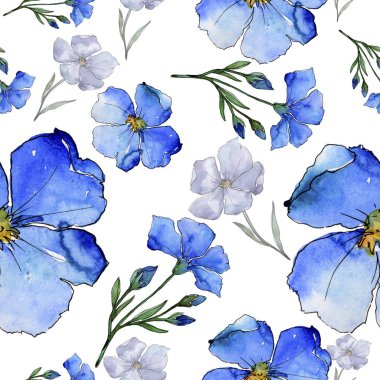 Mavi keten. Botanik çiçek. Sorunsuz arka plan deseni. Kumaş duvar kağıdı yazdırma doku. Arka plan, doku, sarıcı desen, çerçeve veya kenarlık için Aquarelle kır çiçeği.