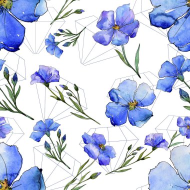 Mavi keten. Botanik çiçek. Sorunsuz arka plan deseni. Kumaş duvar kağıdı yazdırma doku. Arka plan, doku, sarıcı desen, çerçeve veya kenarlık için Aquarelle kır çiçeği.