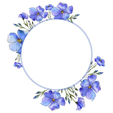 Mavi keten. Botanik çiçek. Çerçeve kenarlığı süsleme Meydanı. Arka plan, doku, sarıcı desen, çerçeve veya kenarlık için Aquarelle kır çiçeği.