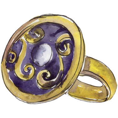 Yüzük altın kroki moda glamour illüstrasyon izole bir suluboya tarzında. Aquarelle moda kroki için arka plan, doku, sarıcı desen, çerçeve veya kenarlık.