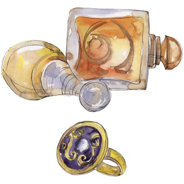 Parfüm ve yüzük moda glamour illüstrasyon izole bir suluboya tarzında kroki. Aquarelle moda kroki için arka plan, doku, sarıcı desen, çerçeve veya kenarlık.
