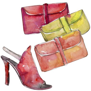 Renkli debriyaj ve ayakkabı moda glamour illüstrasyon izole bir suluboya tarzında kroki. Aksesuar seti giydirin. Aquarelle moda kroki için arka plan, doku, sarıcı desen, çerçeve veya kenarlık.
