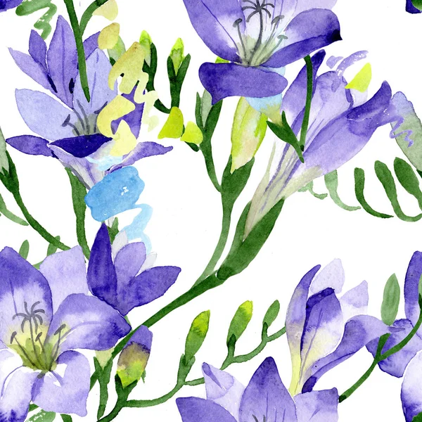 Mor frezya. Sorunsuz arka plan deseni. Kumaş duvar kağıdı yazdırma doku. Arka plan, doku, sarıcı desen, çerçeve veya kenarlık için Aquarelle kır çiçeği.