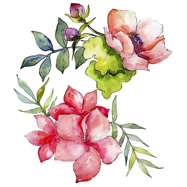 Pembe buket kır çiçeği. Botanik çiçek. Vahşi bahar yaprak izole kır çiçeği. Arka plan, doku, sarıcı desen, çerçeve veya kenarlık için Aquarelle kır çiçeği.