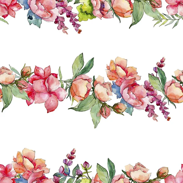 ピンクの花束ワイルドフラワー 花植物の花 シームレスな背景パターン 壁紙印刷手触りの生地 テクスチャ ラッパー パターン フレームや境界線の Aquarelle ワイルドフラワー — ストック写真
