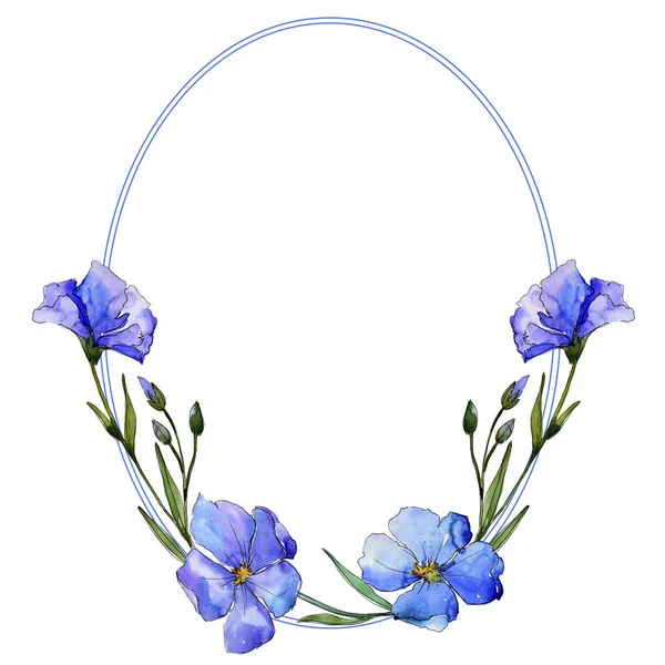 Mavi keten. Botanik çiçek. Çerçeve kenarlığı süsleme Meydanı. Arka plan, doku, sarıcı desen, çerçeve veya kenarlık için Aquarelle kır çiçeği.