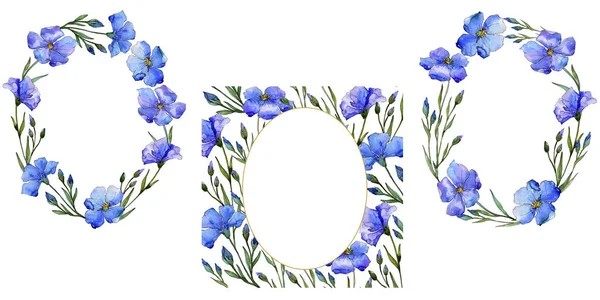 青い亜麻 花植物の花 フレーム枠飾りスクエア テクスチャ ラッパー パターン フレームや境界線の Aquarelle ワイルドフラワー — ストック写真