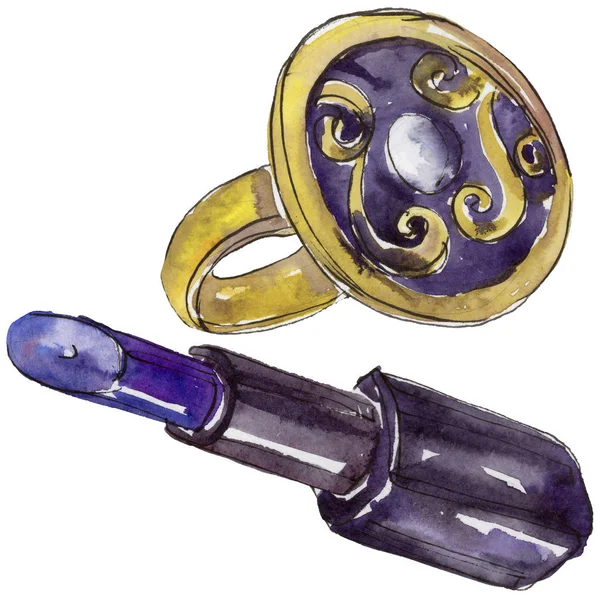 Yüzük altın kroki moda glamour illüstrasyon izole bir suluboya tarzında. Trendy moda kıyafet aksesuarları ayarlayın. Aquarelle moda kroki için arka plan, doku, sarıcı desen, çerçeve veya kenarlık.