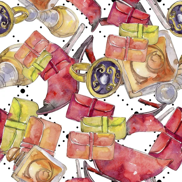 Fashionable accessories sketch fashion glamour illustration in a watercolor style. Seamless background pattern. Aquarelle fashion sketch for background, texture, wrapper pattern, frame or border.