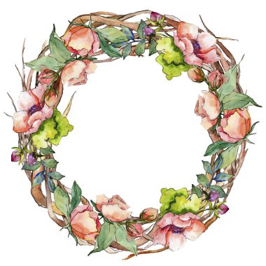 Pembe buket kır çiçeği. Çerçeve kenarlığı süsleme Meydanı. Arka plan, doku, sarıcı desen, çerçeve veya kenarlık için Aquarelle kır çiçeği.