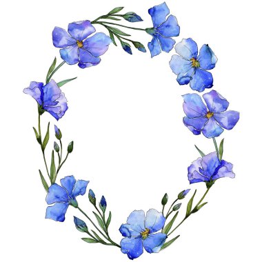 Mavi keten. Botanik çiçek. Çerçeve kenarlığı süsleme Meydanı. Arka plan, doku, sarıcı desen, çerçeve veya kenarlık için Aquarelle kır çiçeği.
