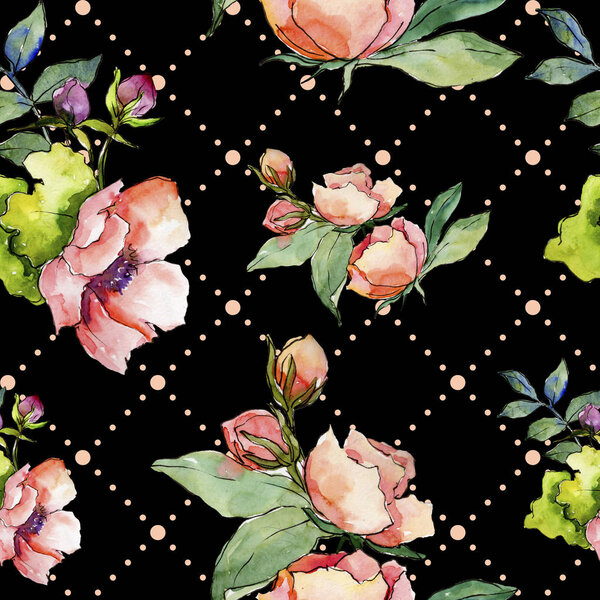 Pink bouquet wildflower. Floral botanical flower.Seamless background pattern. Fabric wallpaper print texture. Aquarelle wildflower for background, texture, wrapper pattern, frame or border.