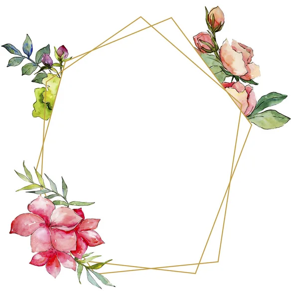 粉红色花束野花 框边框装饰广场 包装图案 框架或边框的水彩画野花 — 图库照片
