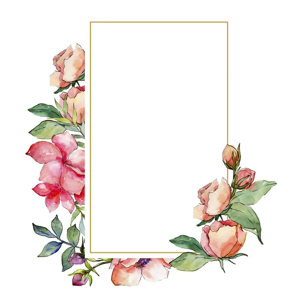 Pink bouquet wildflower. Frame border ornament square. Aquarelle wildflower for background, texture, wrapper pattern, frame or border.