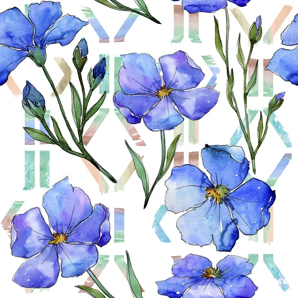 Mavi keten. Botanik çiçek. Sorunsuz arka plan deseni. Kumaş duvar kağıdı yazdırma doku. Arka plan, doku, sarıcı desen, çerçeve veya kenarlık için Aquarelle kır çiçeği.