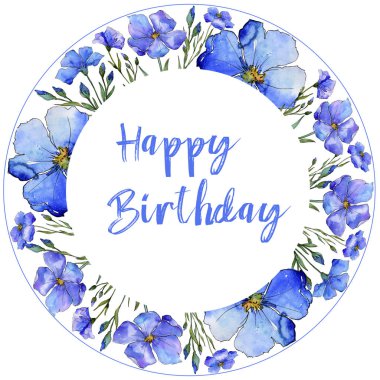 Mavi keten. Botanik çiçek. Çerçeve kenarlığı süsleme Meydanı. Arka plan, doku, sarıcı desen, çerçeve veya kenarlık için Aquarelle kır çiçeği.