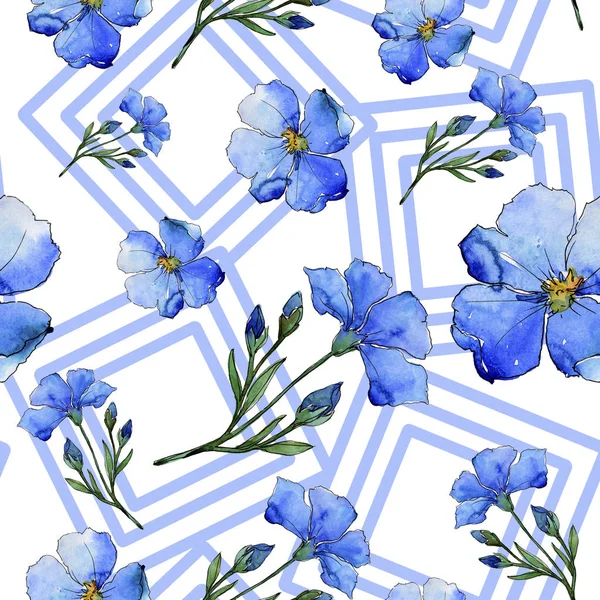 蓝色亚麻 花卉植物花 无缝的背景图案 织物墙纸打印纹理 包装图案 框架或边框的水彩画野花 — 图库照片