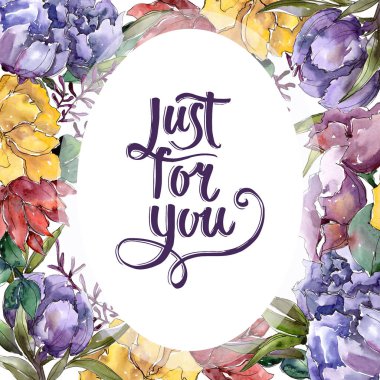 Renkli buket. Botanik çiçek. Çerçeve kenarlığı süsleme Meydanı. Arka plan, doku, sarıcı desen, çerçeve veya kenarlık için Aquarelle kır çiçeği.