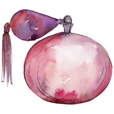 Parfüm pembe kroki moda glamour illüstrasyon izole bir suluboya tarzında. Trendy moda kıyafet aksesuarları ayarlayın. Aquarelle moda kroki için arka plan, sarıcı desen, çerçeve veya kenarlık.