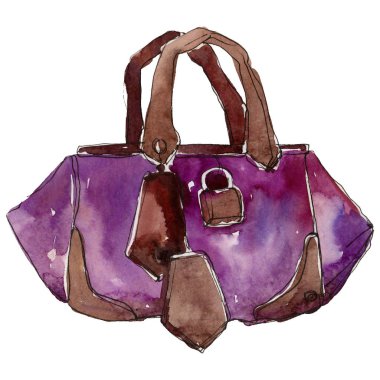 Mor çanta kroki moda glamour illüstrasyon izole bir suluboya tarzında. Trendy moda kıyafet aksesuarları ayarlayın. Aquarelle moda kroki için arka plan, doku, sarıcı desen, çerçeve veya kenarlık.