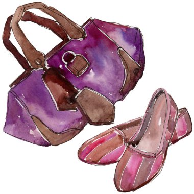 Ayakkabı pembe ve mor çanta moda glamour illüstrasyon izole bir suluboya tarzında kroki. Aquarelle moda kroki için arka plan, doku, sarıcı desen, çerçeve veya kenarlık.