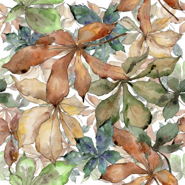 Kestane sonbahar yaprakları. Yaprak bitki botanik bahçe çiçek yaprakları. Sorunsuz arka plan deseni. Aquarelle yaprak için arka plan, doku, sarıcı desen, çerçeve veya kenarlık.
